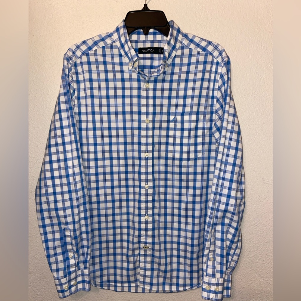 Nautica Blue Checkered Button-Up Shirt Size Medium